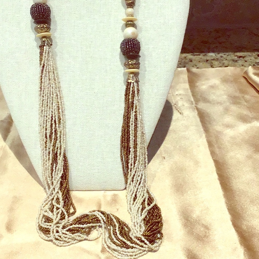 Long beaded cream/bronze Fashion Necklace